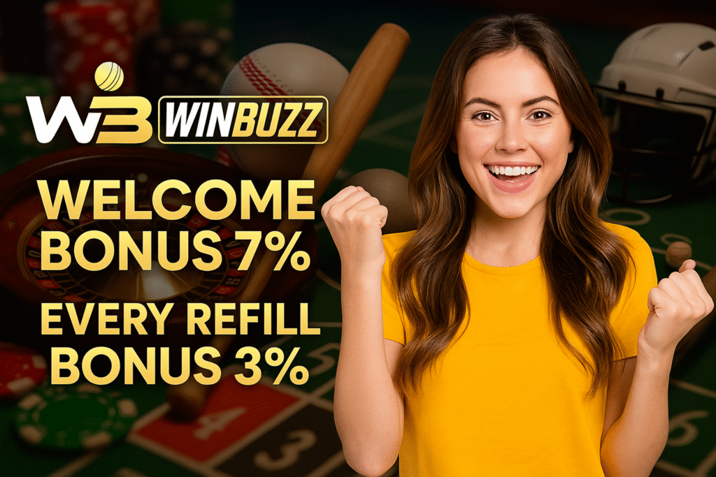 WinBuzz promo with happy girl and casino plus cricket, baseball, hockey background.
