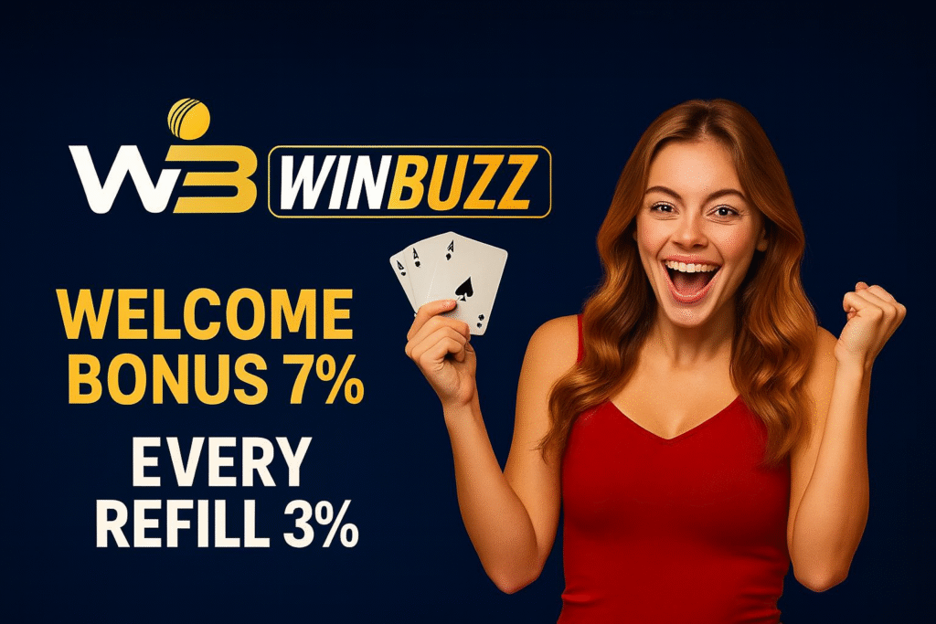 Alt text: WinBuzz promo banner with WB logo, playing cards, and a happy woman celebrating; text says “Welcome Bonus 7%” and “Every Refill 3%”.
