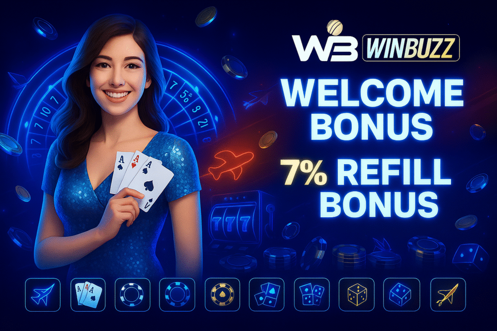 WinBuzz casino promo banner featuring a smiling woman holding cards, neon roulette and coins, highlighting bonus offers.