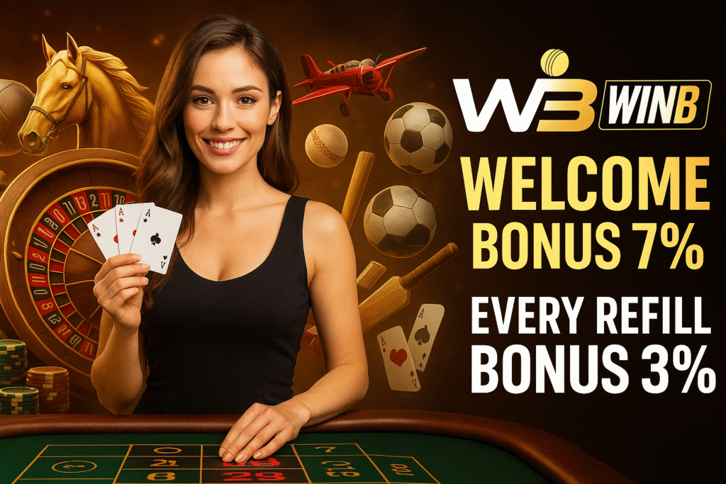 WinBuzz casino promo with a smiling woman holding cards, roulette table, sports icons, and bonus text.