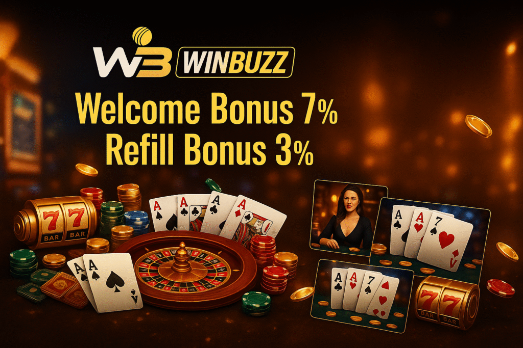 WinBuzz casino promo with slot machine, roulette table, chips, cards, and bonus text on a warm golden background.