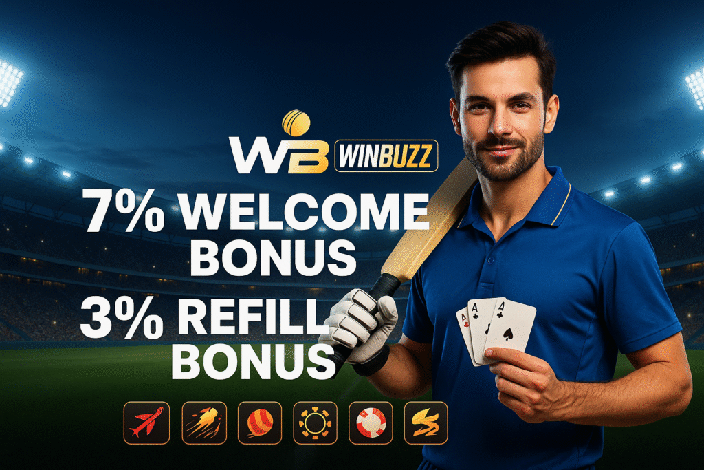 WinBuzz promo banner with a cricketer holding a bat and cards in a stadium, showing 7% welcome and 3% refill bonus.