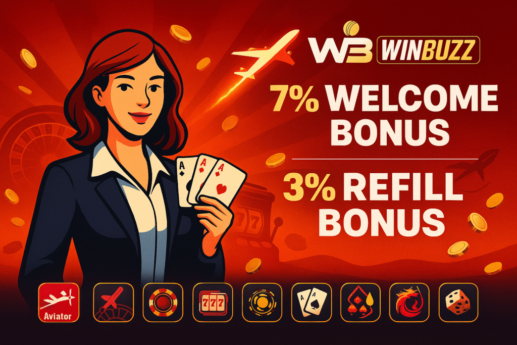 WinBuzz aviator plus casino promo banner with illustrated female host, plane trail background and game icons