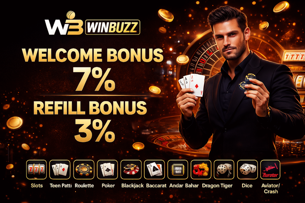WinBuzz casino promo with a stylish man holding cards and chips, gold sparks and roulette backdrop, showing 7% welcome and 3% refill bonus.