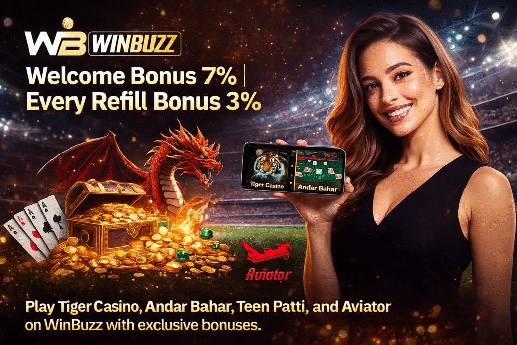 WinBuzz promo with a glamorous girl pointing at a phone showing Tiger Casino, city fireworks background, and bonus banner.