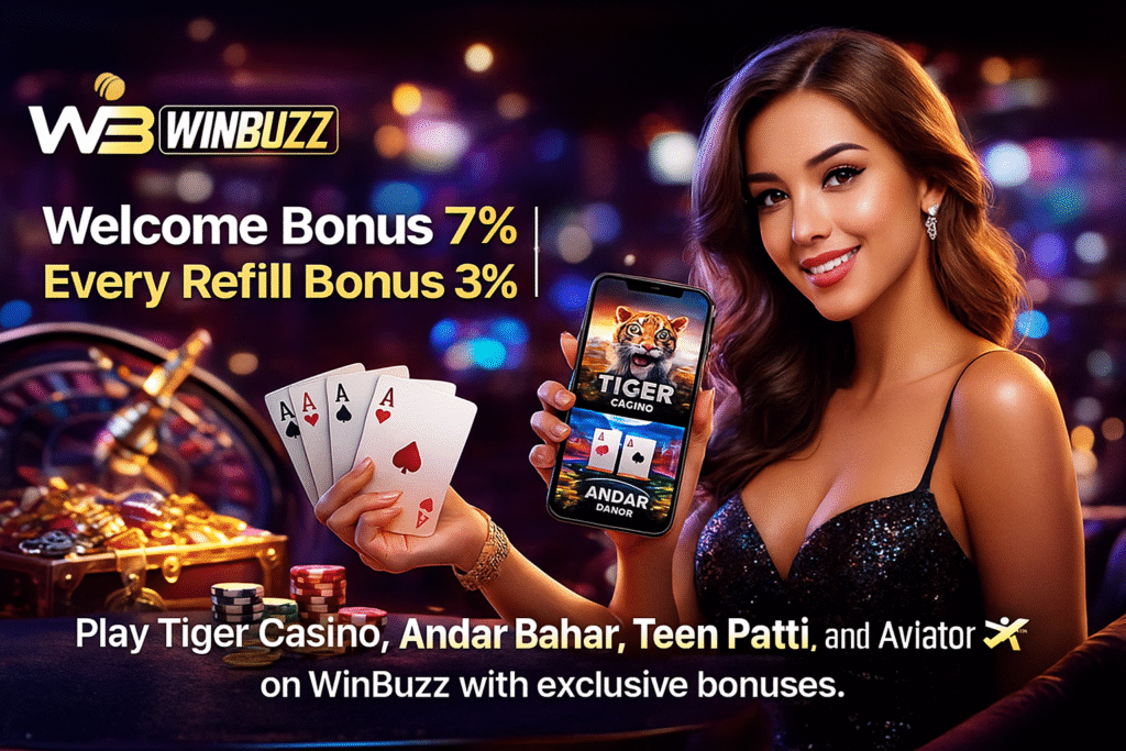 WinBuzz casino promo with a glamorous girl holding a phone showing Tiger Casino and Andar Bahar, plus cards, chips, and a luxe gaming vibe.