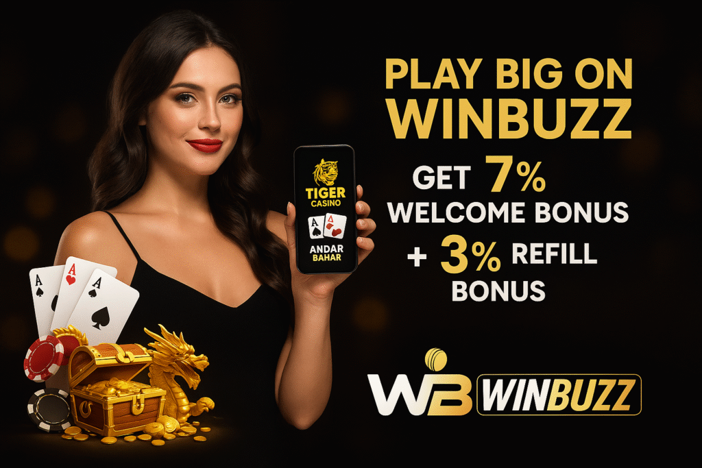 WinBuzz promo with a welcoming girl holding a phone showing Tiger Casino and Andar Bahar, with cards, chips, gold coins, and a treasure-dragon scene.