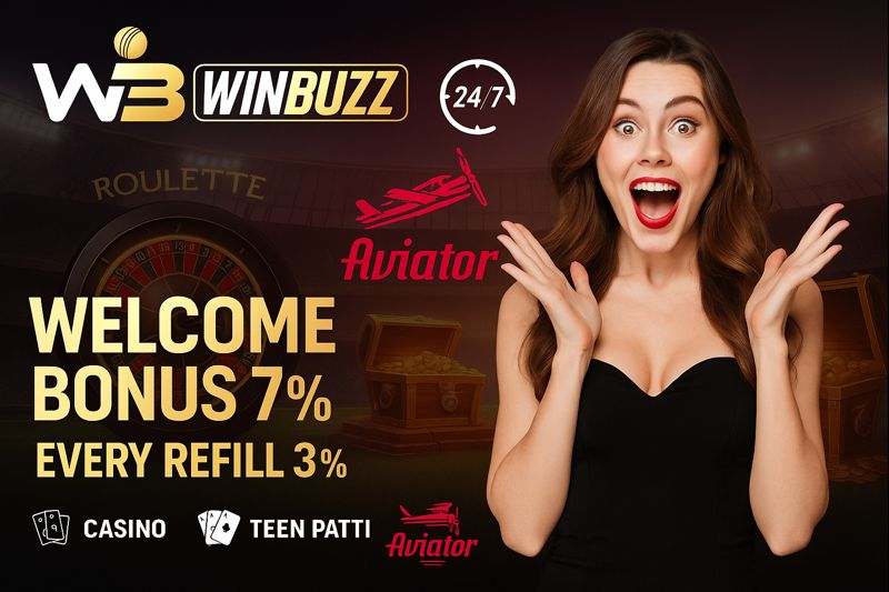 W3 WINBUZZ dark casino promo with an excited woman in black, text “WELCOME BONUS 7%” and “EVERY REFILL 3%,” Aviator logo, 24/7 badge, roulette background, treasure chests, and small game icons.