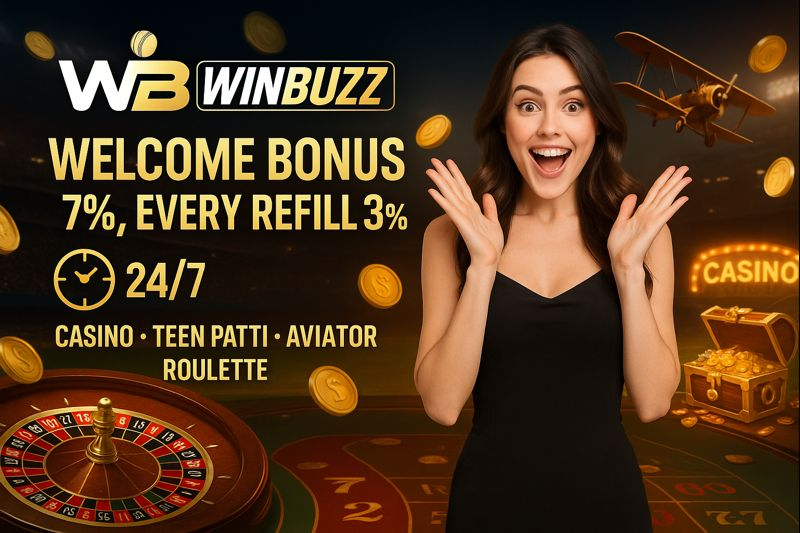 W3 WINBUZZ casino promo with an excited woman in black, “WELCOME BONUS 7% / EVERY REFILL 3%,” coins, roulette, airplane, 24/7 icon, and treasure chest.