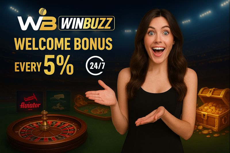 W3 WINBUZZ casino promo with a surprised woman in black, “WELCOME BONUS 5%,” 24/7 icon, roulette wheel, Aviator logo, and a gold treasure chest on a stadium-themed background.