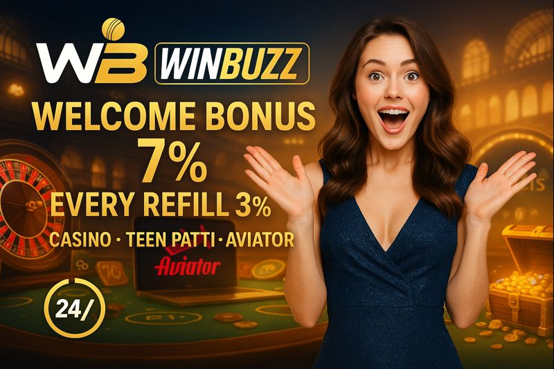 W3 WINBUZZ casino promo with an excited woman in a blue dress, text “WELCOME BONUS 7%” and “EVERY REFILL 3%,” plus 24/7 badge, roulette wheel, coins, casino table, Aviator logos, and a treasure chest in a warm-lit casino background.