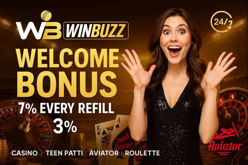 W3 WINBUZZ casino promo with an excited woman in a black sparkly dress, text “WELCOME BONUS 7%” and “EVERY REFILL 3%,” plus 24/7 badge, roulette wheels, playing cards, coins, and Aviator logo on a golden stadium background.