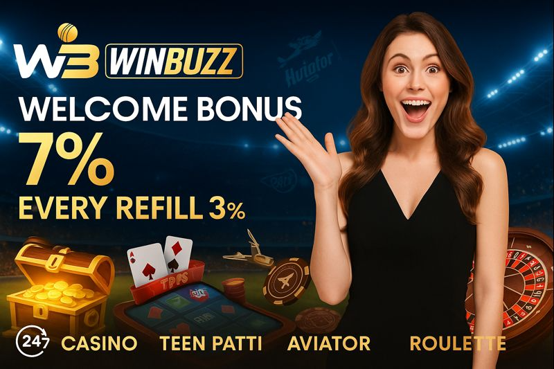 W3 WINBUZZ stadium casino promo with a smiling woman in black, text “WELCOME BONUS 7%” and “EVERY REFILL 3%,” plus treasure chest, cards, chips, roulette wheel, and game labels.