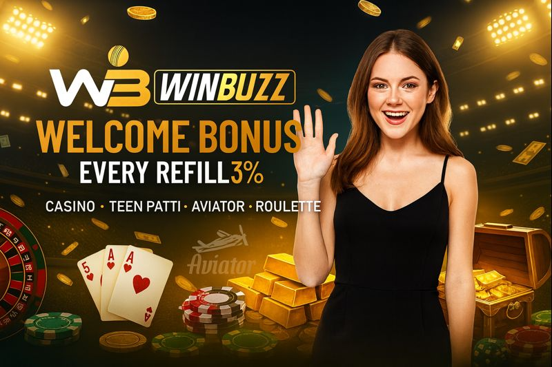 W3 WINBUZZ promo banner with a smiling woman in a black dress waving, text “WELCOME BONUS” and “EVERY REFILL 3%,” plus coins, cards, chips, roulette wheel, gold bars, and a treasure chest in a lit casino-stadium scene.