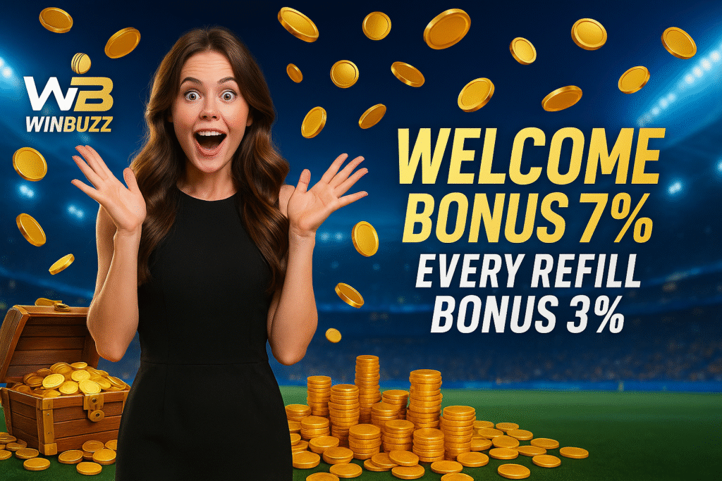 WB Winbuzz promo with a surprised woman in a black dress, gold coins raining down, stacks of coins, a treasure chest, and text “Welcome Bonus 7%” and “Every Refill Bonus 3%”.