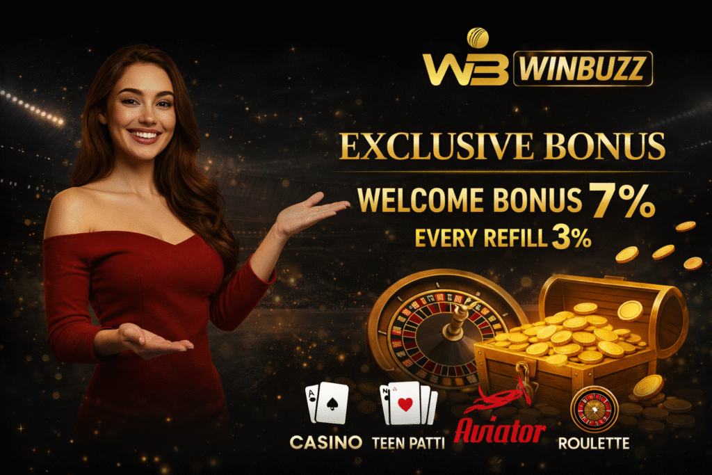 WB Winbuzz promo graphic showing a woman in a red dress presenting “Exclusive Bonus” with 7% welcome bonus and 3% refill, alongside roulette wheel, coin chest, and game icons.