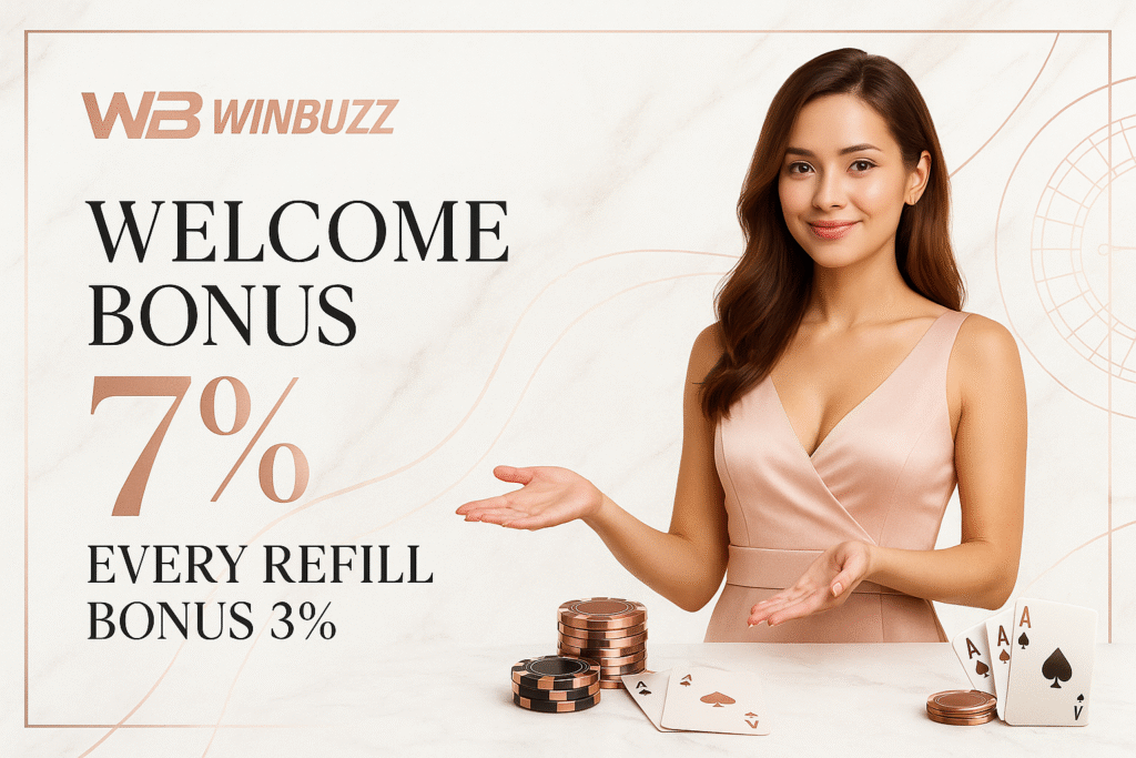 WB Winbuzz light-themed ad with a woman in a pink dress, chips, playing cards, and text “Welcome Bonus 7%” and “Every Refill Bonus 3%”.