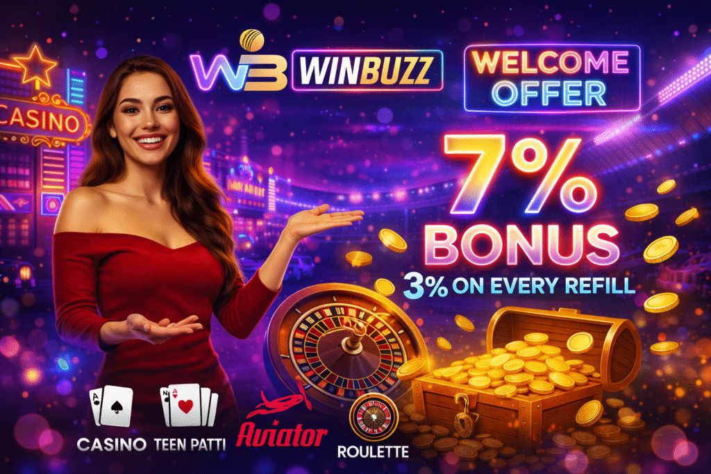 Neon WB Winbuzz welcome banner with a woman in a red dress presenting “Welcome Offer 7% Bonus” and “3% on Every Refill,” set in a colorful casino-night city scene with coins, roulette wheel, and a treasure chest.