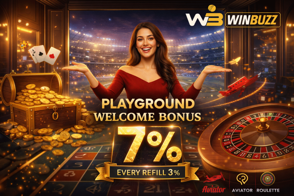 WB Winbuzz “Playground Welcome Bonus” banner with a woman in a red dress, showing 7% bonus and “Every Refill 3%,” with a coin treasure chest, roulette table, playing cards, and a small red airplane.