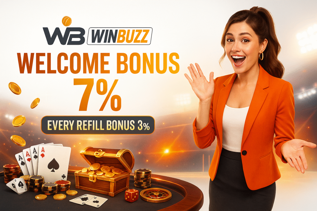 WB Winbuzz promo with a smiling woman in an orange blazer, text “Welcome Bonus 7%” and “Every Refill Bonus 3%,” plus coins, cards, chips, and a treasure chest.