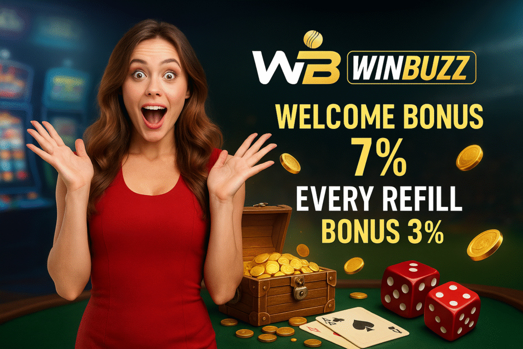 WB Winbuzz casino ad with a shocked woman in a red dress, coins, a treasure chest, dice, cards, and text “Welcome Bonus 7%” and “Every Refill Bonus 3%”.