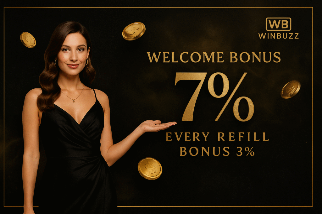 WB Winbuzz dark-gold banner with a woman in a black dress, floating coins, and text “Welcome Bonus 7%” and “Every Refill Bonus 3%”.