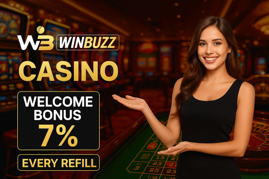 WB Winbuzz bonus banner with a smiling woman in a red dress and text “Welcome Bonus 7%” and “Every Refill Bonus 3%”.
