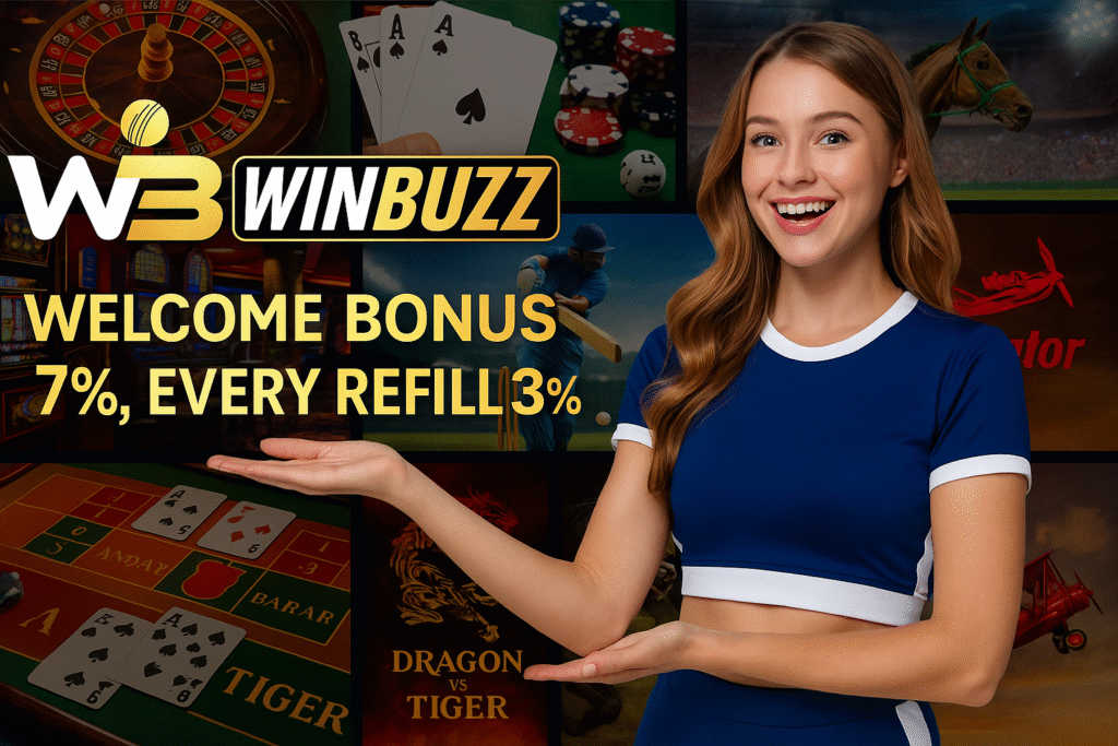 WinBuzz promo collage with smiling blue sportswear girl, casino games, cards, roulette, cricket, horse racing, and bonus text.
