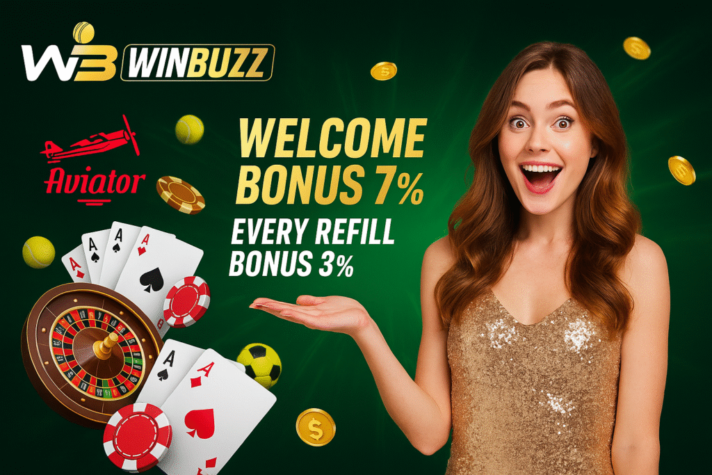 Happy promo girl with WinBuzz logo, Aviator theme, roulette, cards, chips, coins, and sports elements on green background.