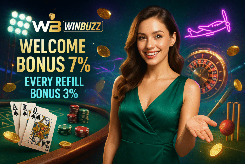 WinBuzz casino promo with a smiling woman in a green dress, roulette table, playing cards, chips, flying coins, and bonus offer text.
