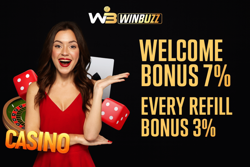 Excited promo girl in a glitter dress with WinBuzz logo, stadium backdrop, flying cash, poker chips, and bonus offer text.