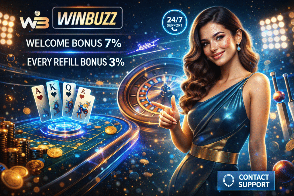 A stylish casino hostess in a blue dress gestures toward glowing playing cards, roulette action, bonus text, and a support icon in a futuristic gaming setting.