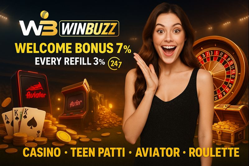 Excited woman beside online casino WinBuzz bonus offer banner.