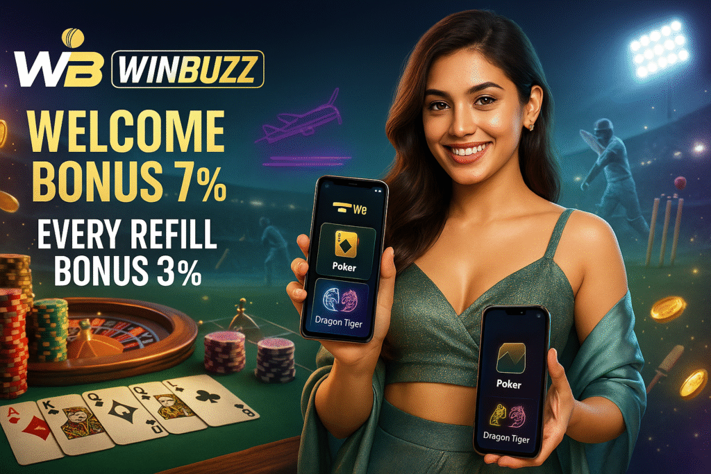 WinBuzz casino-cricket promo with a smiling girl holding two phones showing game icons, poker table, chips, roulette, flying coins, and stadium background.