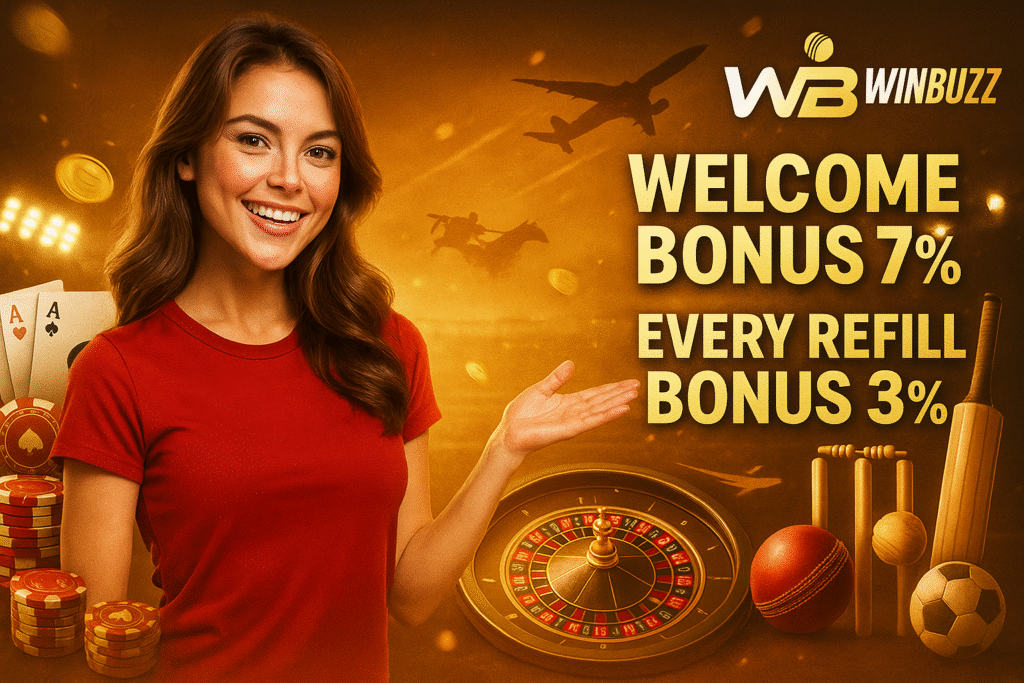 WinBuzz golden promo with smiling girl in red shirt, flying coins, roulette, cards, and cricket/stadium elements.