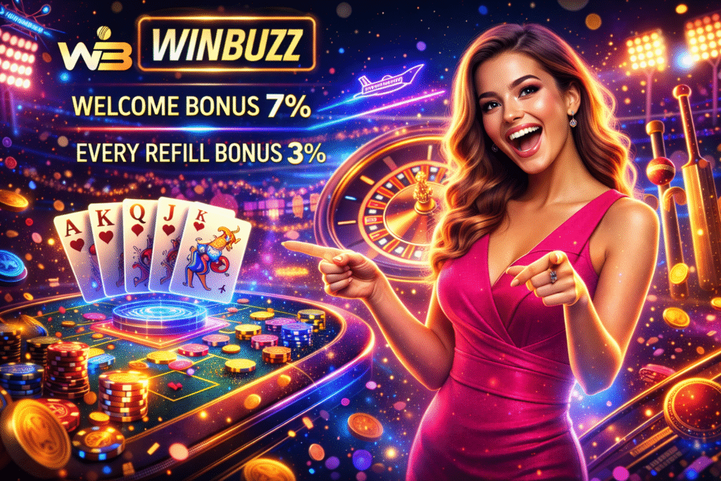 An excited casino promoter in a pink dress points toward glowing poker cards, chips, and a roulette wheel in a vibrant neon casino scene.