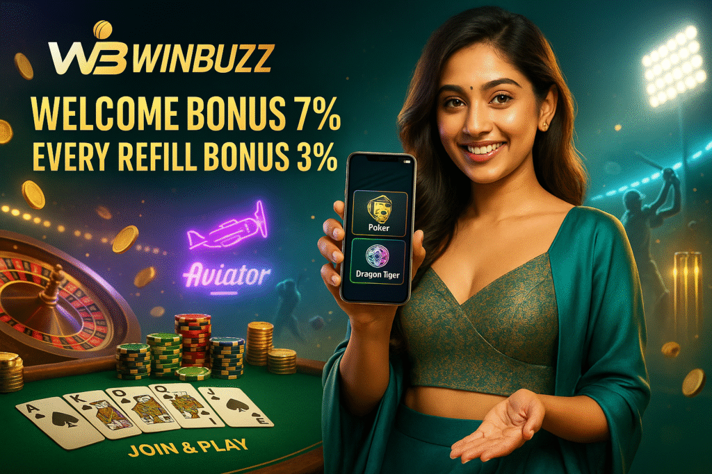 WinBuzz casino and Aviator promo with a smiling girl in teal outfit holding a phone showing Poker and Dragon Tiger, plus roulette, cards, chips, flying coins, and stadium lights.