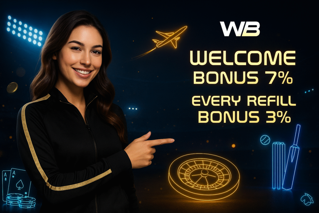 WinBuzz night promo with smiling girl in black sports jacket, neon casino and cricket icons, and bonus offer text.