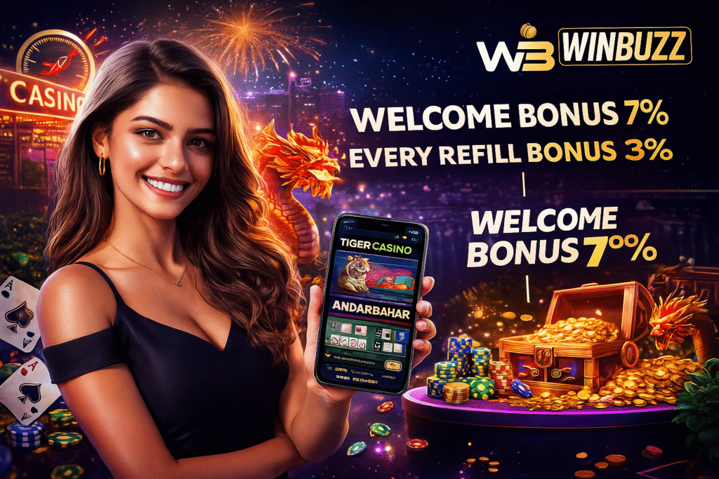 Night casino vibe with fireworks, promo girl holding phone, dragon and treasure, WinBuzz bonus offer shown.