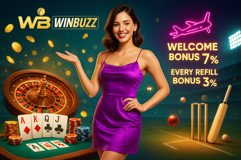 WinBuzz casino promo featuring a smiling girl in a purple dress, roulette wheel, poker cards and chips, floating gold coins, a neon Aviator plane, and cricket bat–stumps with bonus text.