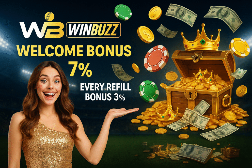 Smiling WinBuzz promo girl in a gold dress beside flying chips, cash, and a treasure chest overflowing with coins and crowns.