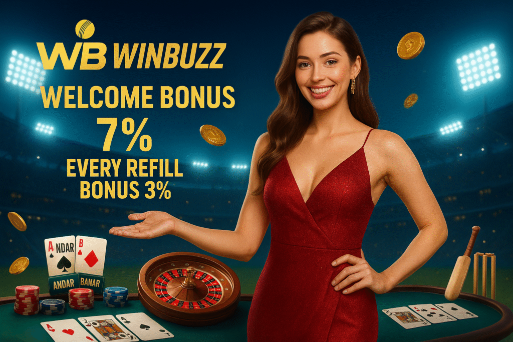 WinBuzz promo banner with a smiling girl in a red dress, floating gold coins, casino table, roulette wheel, card games, and stadium lights showing bonus offers.