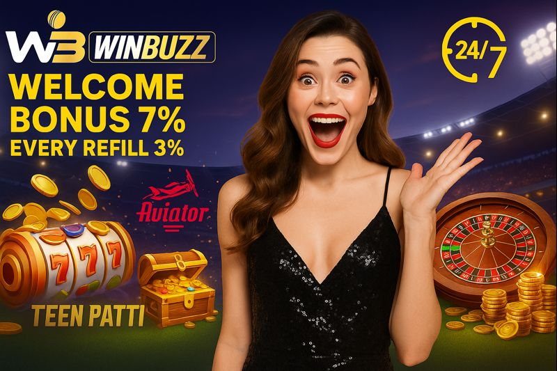 Excited woman on WinBuzz casino welcome bonus banner.