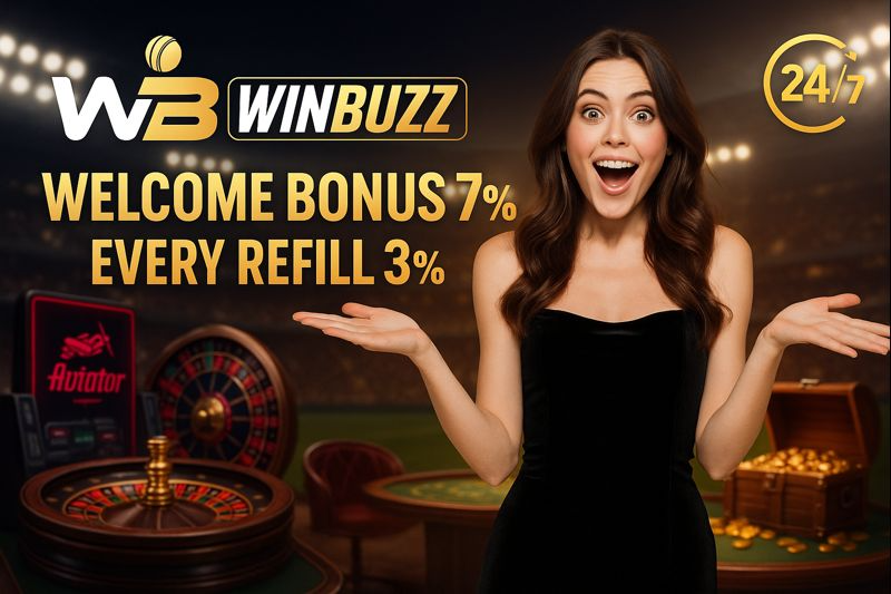 Excited woman with open arms on WinBuzz casino bonus banner.
