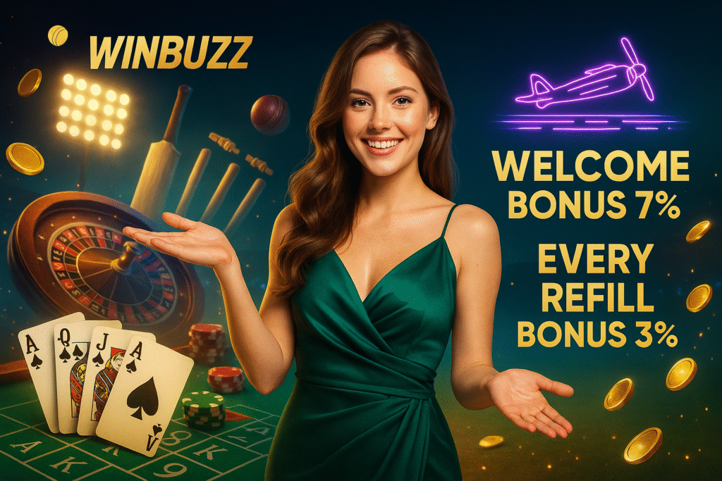 WinBuzz promo banner showing a smiling woman in a green dress with casino cards, roulette, chips, and bonus text on a dark blue background.