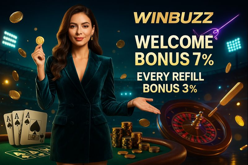 Winbuzz promotional banner showing a woman in a dark green blazer holding a coin, with large text “Welcome Bonus 7%” and “Every Refill Bonus 3%,” plus stacks of chips, playing cards, a roulette wheel, and a cricket bat on the right.
