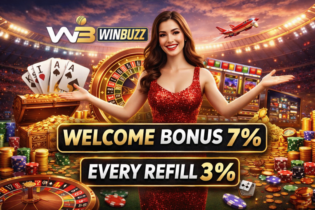Smiling casino hostess in a red dress welcoming players to Winbuzz with roulette wheel, slot machines, playing cards, gold coins, and bonus offers.
