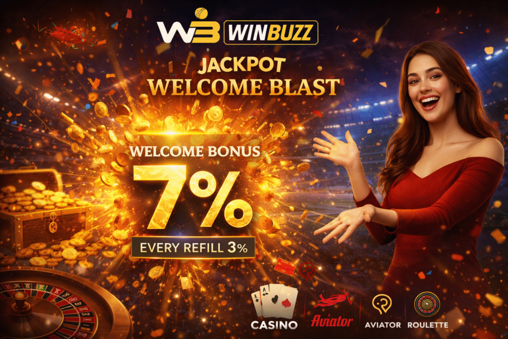 Winbuzz jackpot-themed banner with a smiling woman in red presenting a 7% welcome bonus and 3% refill, surrounded by exploding gold coins and casino elements.
