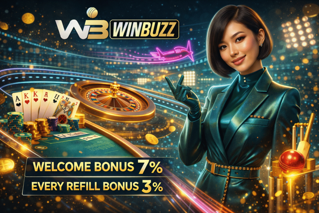 Professional casino presenter posing beside Winbuzz branding, roulette wheel, poker cards, glowing coins, and bonus highlights.