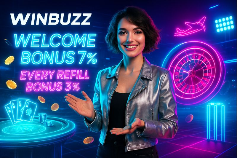 Neon-style Winbuzz advertisement with glowing text “Welcome Bonus 7%” and “Every Refill Bonus 3%,” featuring a smiling woman in a metallic silver jacket, floating coins, a roulette wheel outline, playing cards, and a neon airplane.